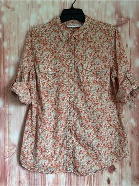 St. John’s Bay Tan Muted Pink Floral Print 3/4 Roll Sleeve Button Up Blouse Sz L
